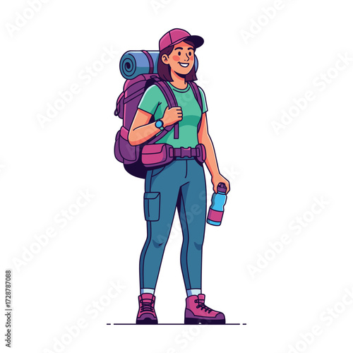 Happy Female Backpacker: Flat Vector Illustration, High Quality