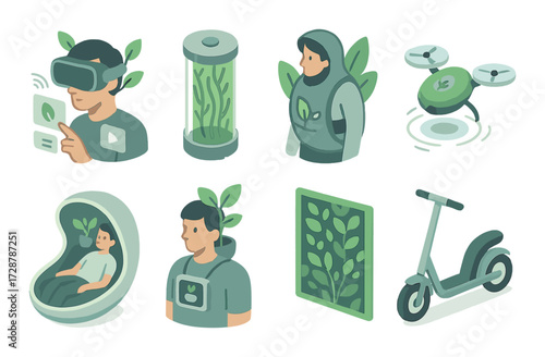 Green technology concepts illustrated with virtual reality, drone, and eco-friendly transportation elements