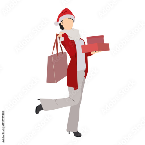 vector illustration of woman with santa hat holding gifts.