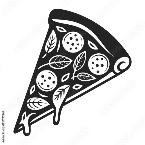 Slice of pepperoni pizza with dripping cheese and basil leaves Keywords: pizza, slice, pepperoni