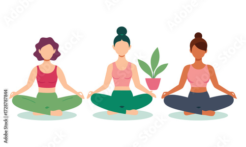 Three diverse women in comfortable athletic wear practicing yoga meditation in a serene setting with a potted plant