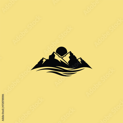 Majestic mountain sunset over calm water silhouette graphic emblem artwork