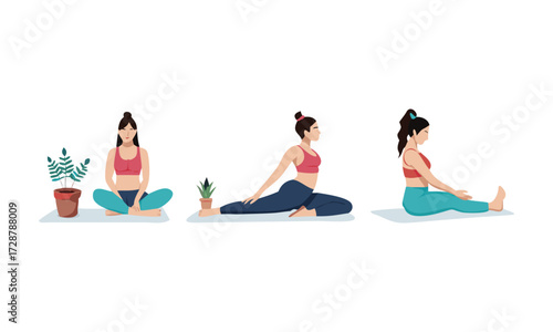 Three diverse women demonstrating different yoga poses for flexibility and mindfulness in a clean bright studio setting with potted plants