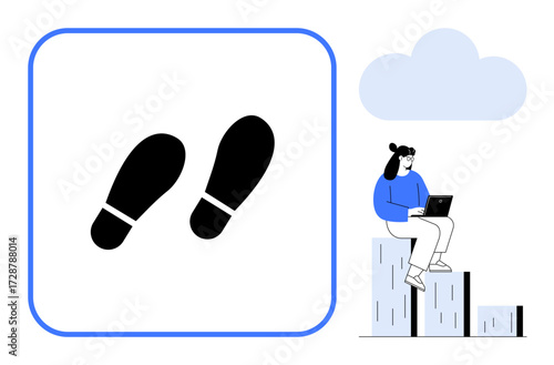 Footprints icon in blue frame alongside woman using a laptop while sitting on steps under a cloud. Ideal for navigation, progress, goal-setting, productivity, learning, self-improvement, simple flat