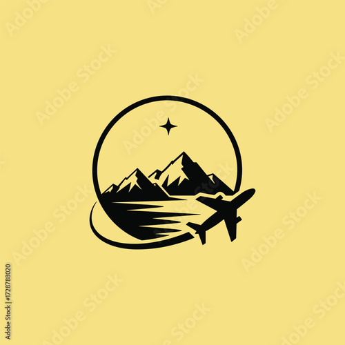 Adventure travel icon featuring mountains airplane lake and star in circular frame