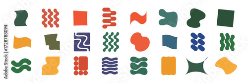 A collection of abstract organic shapes and geometric forms in various colors and patterns, isolated on a transparent background