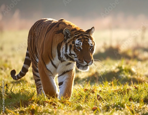 A tiger strolls through a dewy meadow at sunrise