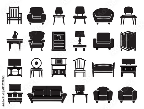 Furniture and Household silhouette icon vector illustration solid black items