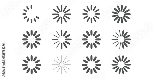 Set of twelve circular loading icons in black and white, stylized buffering symbols for UI/UX design, digital feedback, and wait indicators