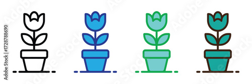 Set of four stylized potted tulip icons in different colors, including outline, blue, green, and teal, isolated on transparent background