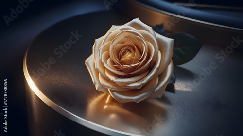 Fototapeta Naklejka Na Ścianę i Meble -  Elegant single golden rose presented on a sleek metallic surface with soft spotlight creating a luxurious ambiance, perfect for romance and celebration themes.