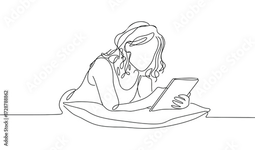 Minimalist line art of person lying down reading tablet or book, continuous single-line drawing symbolizing relaxation, focus, and leisure
