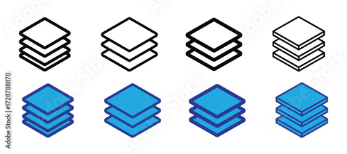 Set of four isometric icons representing stacked layers, two in outline and two in blue fill, isolated on transparent background