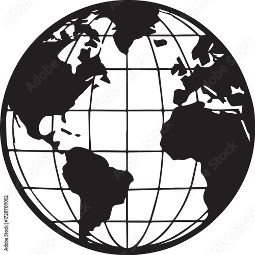 Globe silhouette with continents and grid lines black and white vector illustration symbolizing global geography and connection