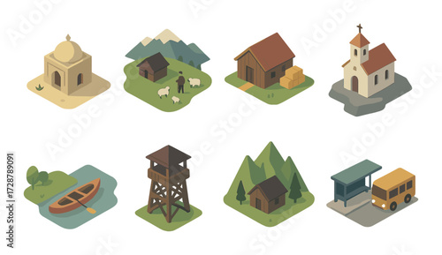 Isometric rural scenery with buildings, farm, and lake