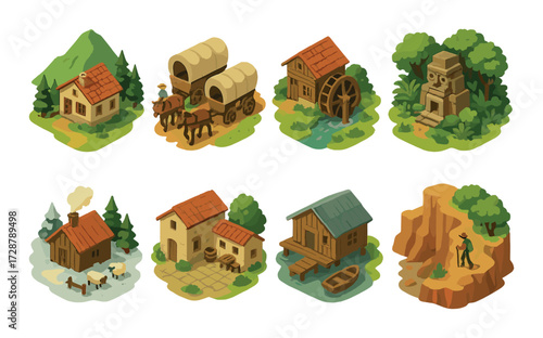 Charming isometric village: cozy houses, watermill, covered wagons and explorer in diverse landscapes