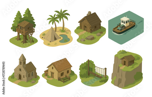 Variety of scenic buildings and landscapes with boat and trees