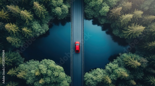 Red car on a bridge over tranquil forest lakes