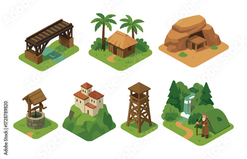 Set of isometric medieval structures: bridge, hut, cave, well, villa, tower, forest path