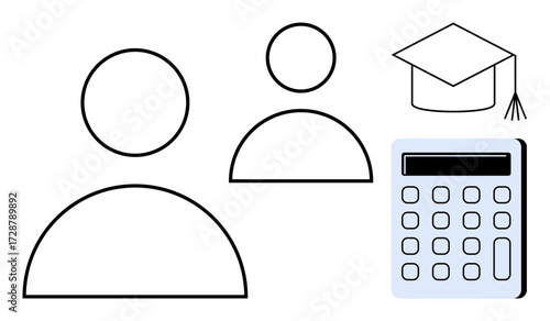 User figures beside a calculator and a graduation cap imply knowledge, learning, finance, or calculation. Ideal for education, study, budgeting, progress, career growth or e-learning themes as