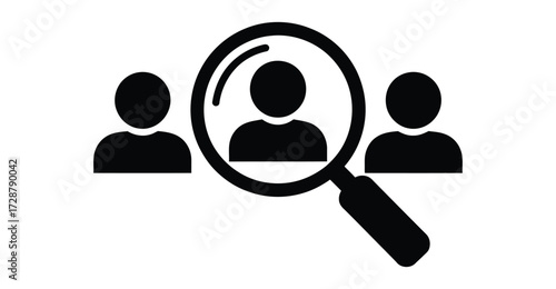 Candidate selection icon with magnifying glass over central figure, black silhouette illustration for recruitment, HR, or assessment themes