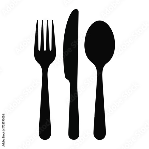 Black silhouette icons of fork, knife, and spoon aligned vertically, minimalist cutlery illustration for dining, kitchen, or food design