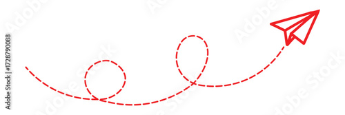 Red paper airplane flying on a dashed red line path isolated on transparent background