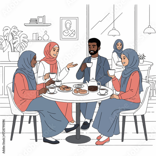 Multicultural group of friends having coffee and tea at a charming cafe, enjoying social interaction