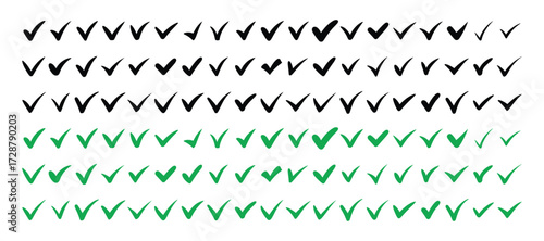 Collection of handdrawn check marks in black and green colors, isolated on a transparent background