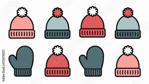 An arrangement of winter hats and mittens in various colors on a white background in a flat style
