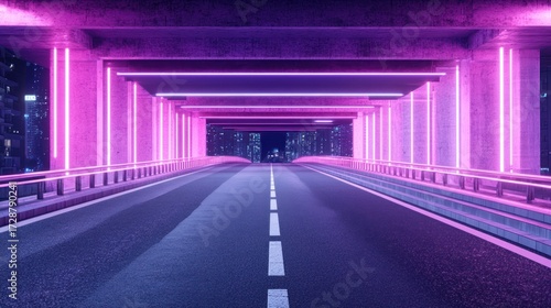Neon-lit city tunnel, road stretches into night