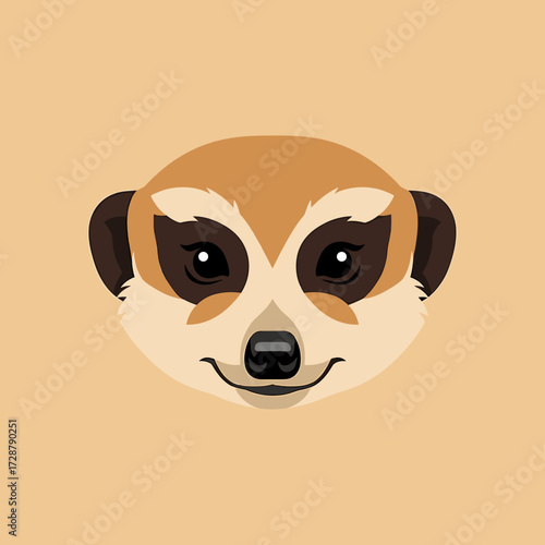 A friendly, cartoon meerkat face with detailed features and a warm, inviting expression.