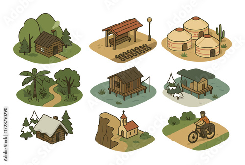 Charming illustrations of rustic and cultural houses in diverse natural settings