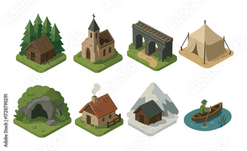 Isometric cartoon village: houses, church, bridge, tent, cave, mountain cabin, canoe
