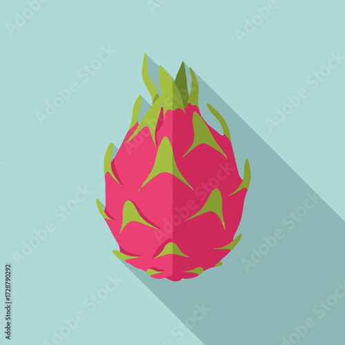 Flat design illustration of a vibrant pink dragon fruit with green accents and a long shadow.