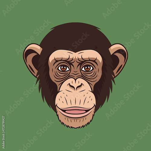 A detailed illustration of a chimpanzee's face, showing expressive features and a smiling expression.
