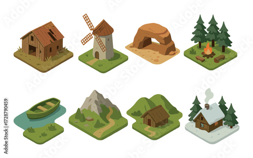 Isometric cartoon landscapes: farm, windmill, cave, campsite, boat, mountain, cabin, snow