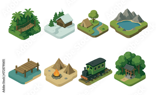 Isometric adventure landscapes: forest, snow, camping, mountains, train, bridge, pier