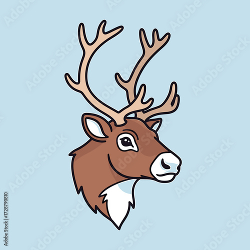 Cartoon illustration of a reindeer head with large antlers, facing right, against a light blue background.