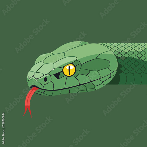 A stylized illustration of a green snake with its tongue extended, showing detail.