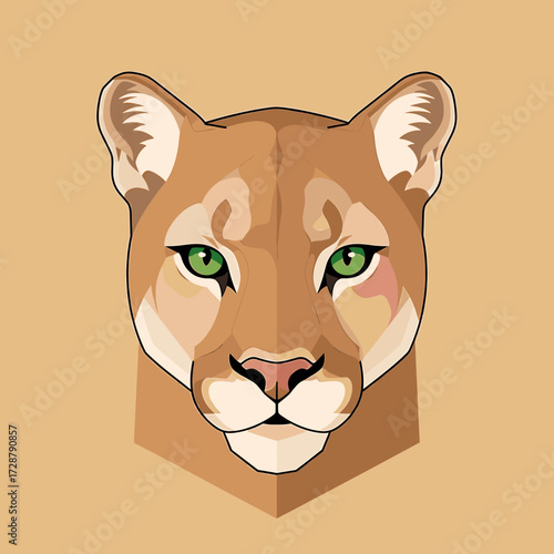 A stylized illustration of a cougar's head, showcasing its facial features and vibrant green eyes.