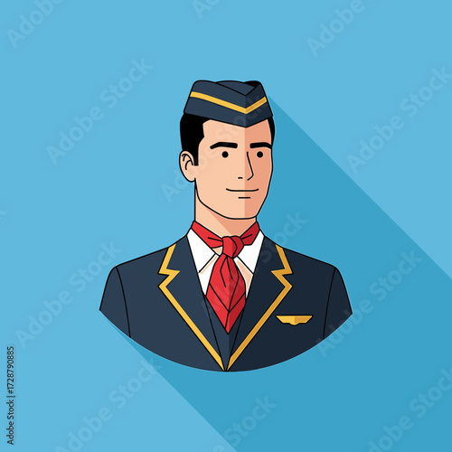 Illustration of a smiling male flight attendant in uniform, with a long shadow on a blue background.