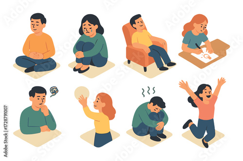 Emotional expressions: illustrations of diverse young adults displaying various feelings and activities