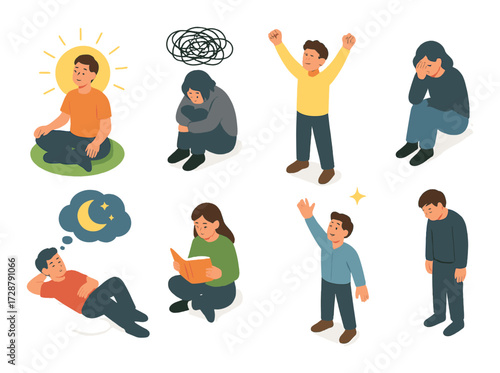 Illustration of diverse emotional states in children and adults - happiness, sadness, confusion, relaxation, learning