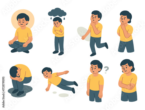 Asian young male cartoon character displaying various emotions and poses