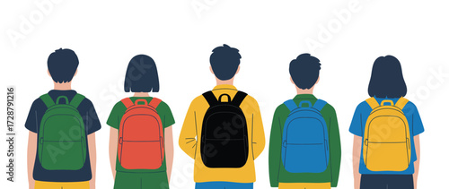 Diverse group of five people with colorful backpacks viewed from behind, stylized illustration symbolizing travel, school, or individuality