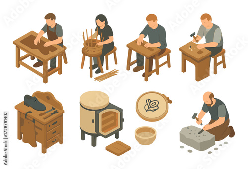 Craftsmen and craftswomen at work: leather, wood, jewelry, shoes, pottery, engraving