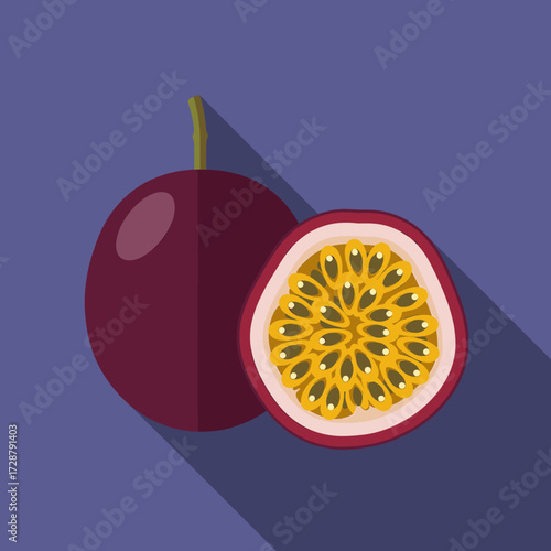 Illustration of a whole passion fruit and a halved passion fruit revealing its yellow pulp and seeds.