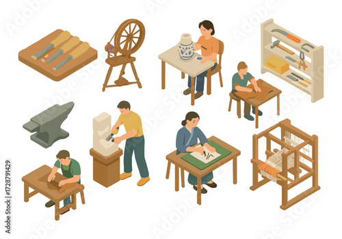 Diverse craftsmanship depicting various hobbies with young individuals engaged in artistic diy activities