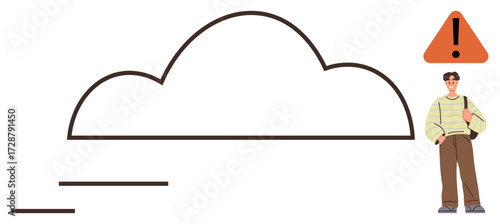 Cloud graphic with alert triangle, person observing. Ideal for technology, cybersecurity, data safety, notification, network issues, privacy risk human interaction. Simple flat metaphor